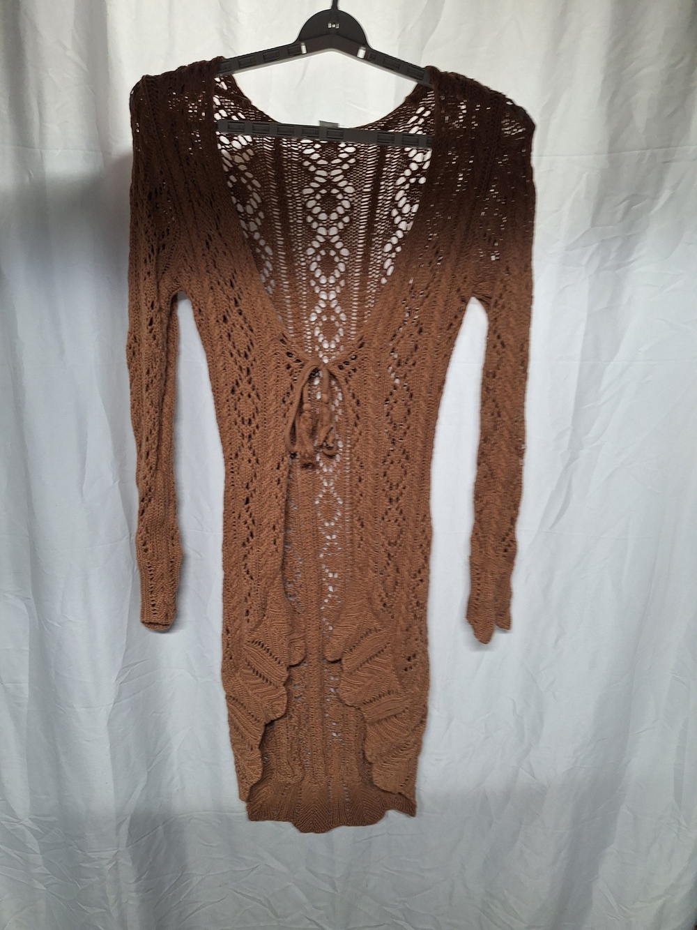 VENUS Brown Open-Knit Tie-Front Longline Cardigan